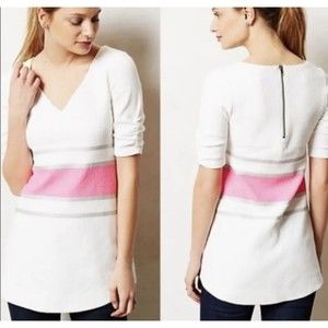 Deletta Anthropologie Top White Pink Silver Striped V-Neck Tunic Stretch S